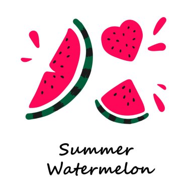 Sulu karpuzile vektör düz illüstrasyon. Beyaz arka plan üzerinde elle çizilmiş karpuz. Baskı, tekstil, kartpostal, reklam, çocuk tasarımı için yaz tasarımı