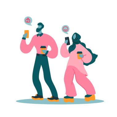 Bir cihaz ile kadın ve erkek ile Vektör düz illüstrasyon. Modern kadın ve erkek bir mobil cihaz kullanın. Çift yürüyüş ve mesaj göndermek. Modern gençlerin akıllı telefonlarını kullanma konsepti