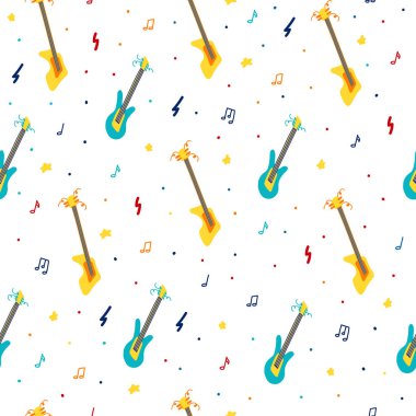 Vektör düz sorunsuz desen gitar ile. Baskı, tekstil, kartpostal, reklam, müzik festivalleri, müzik grupları için parlak renk trendy tasarım 