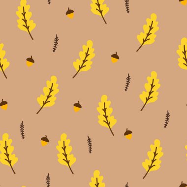 Sonbahar meşe yaprakları ve meşe palamudu ile Vektör dikişsiz desen. Sarı ve turuncu yaprakları ve meşe palamudu ile sonsuz baskı