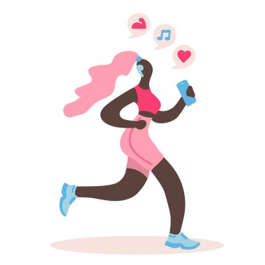 Bir cihaz ile doodle kadın ile Vektör düz illüstrasyon. Kadın koşar ve akıllı telefondan müzik dinler. Mobil cihazlı modern bir genç kadının tasarımı