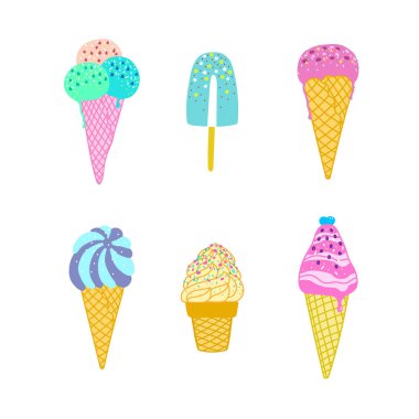 Renkli dondurma ile Vektör düz illüstrasyon. Beyaz arka plan üzerinde el çizilmiş dondurma. Renk tepesi ile sevimli dondurma konisi. Baskı, tekstil, kartpostal için yaz tasarımı 