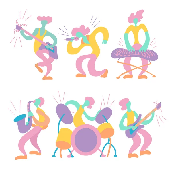Doodle müzisyenler ile Vektör düz illüstrasyon. Müzik grubu enstrümanlarını çalıyor. Baskı, tekstil, kartpostal, reklam, müzik festivalleri, müzik grupları için parlak renk trendy tasarım