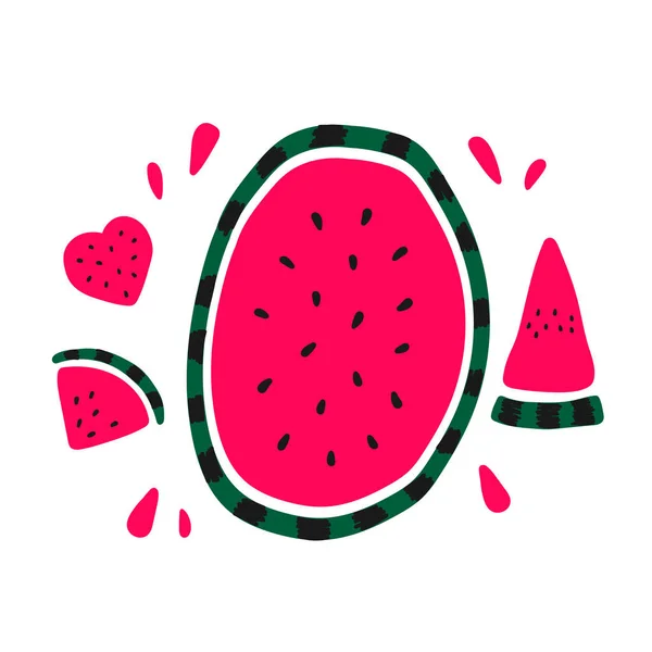 Vektorflache Illustration Mit Saftigen Wassermelonen Handgezeichnete Wassermelone Auf Weißem Hintergrund — Stockvektor