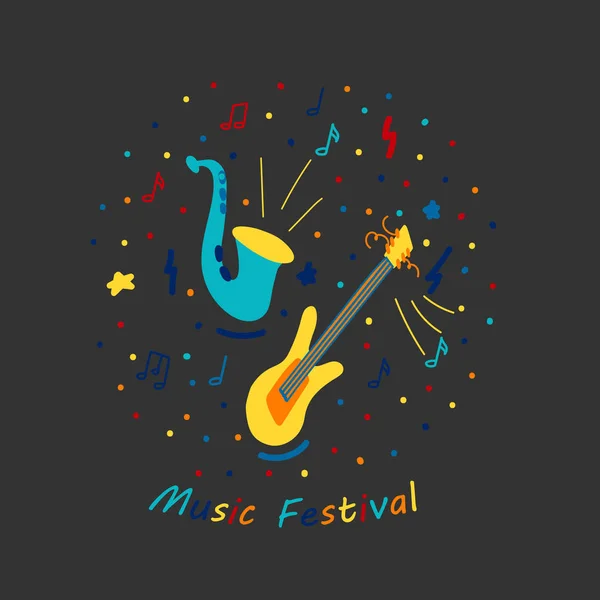 Illustration Vectorielle Plate Avec Guitare Doodle Saxophone Couleur Vive Design — Image vectorielle