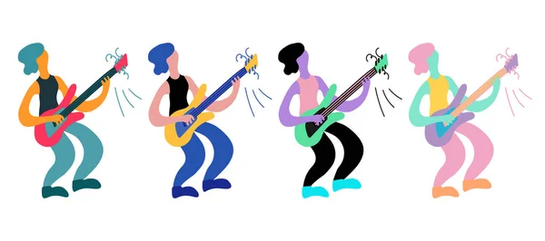 Doodle gitarist ile Vektör düz illüstrasyon. Gitarist enstrümanlarını çalıyor. Baskı, tekstil, kartpostal, reklam, müzik festivalleri, müzik grupları için parlak renk trendy tasarım