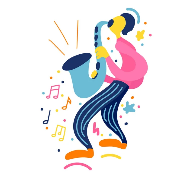Векторная Плоская Иллюстрация Каракулями Саксофонист Играет Своем Саксофоне Яркий Цветовой — стоковый вектор