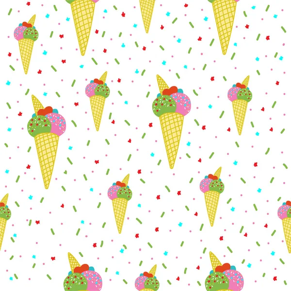 カラーアイスクリームとベクトルシームレスなパターン 白い背景に手描きのアイスクリーム 色のトッピングとかわいいアイスクリームコーン プリント テキスタイル ポストカードの夏のデザイン — ストックベクタ
