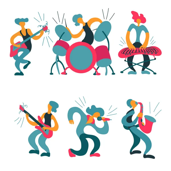 Doodle müzisyenler ile Vektör düz illüstrasyon. Müzik grubu enstrümanlarını çalıyor. Baskı, tekstil, kartpostal, reklam, müzik festivalleri, müzik grupları için parlak renk trendy tasarım