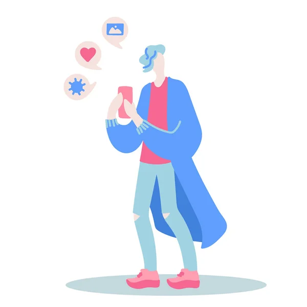 Bir cihaz ile doodle adam ile Vektör düz illüstrasyon. Adam akıllı telefonda fotoğraf çekiyor. Bir mobil cihaz ile modern bir genç adam tasarımı