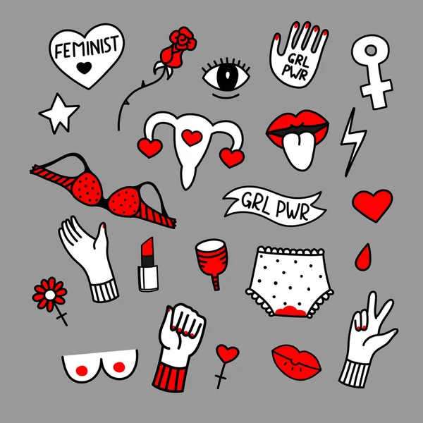 Vektör el feminist sloganı ile çıkartmalar seti çizilmiş. Feminizm el çizilmiş illüstrasyon. Logo, simge, baskı, slogan, çıkartmalar için tasarım