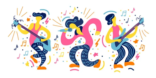 Ilustração Plana Vetorial Com Músicos Doodle Banda Toca Seus Instrumentos — Vetor de Stock