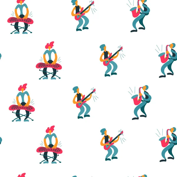 Doodle müzisyenler ile Vektör düz sorunsuz desen. Elle çizilmiş müzik grubu ile sonsuz baskı enstrümanlarını çalar. Baskı, tekstil, kartpostal, müzik festivalleri, müzik grupları için parlak renk trendy tasarım