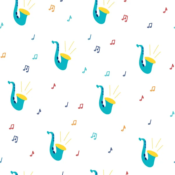Vektör düz dikişsiz desen saksafon ile. Baskı, tekstil, kartpostal, reklam, müzik festivalleri, müzik grupları için parlak renk trendy tasarım 