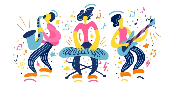 Ilustração Plana Vetorial Com Músicos Doodle Banda Toca Seus Instrumentos — Vetor de Stock