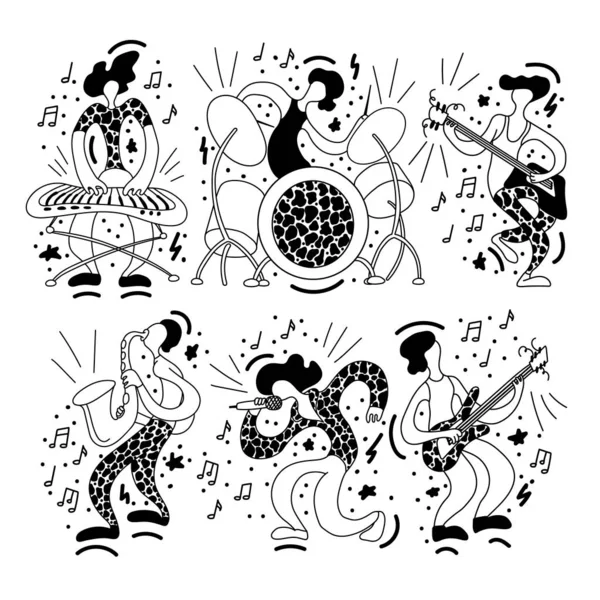 Doodle müzisyenler ile Vektör düz illüstrasyon. Müzik grubu enstrümanlarını çalıyor. Baskı, tekstil, kartpostal, reklam, müzik festivalleri, müzik grupları için fanny tasarım