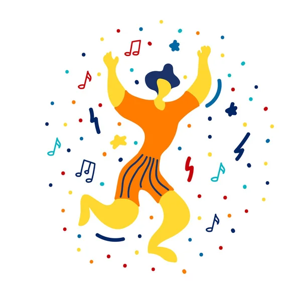 Doodledancing erkekler ile Vektör düz illüstrasyon. Baskı, tekstil, kartpostal, reklam, müzik festivalleri için parlak renk trendy tasarım
