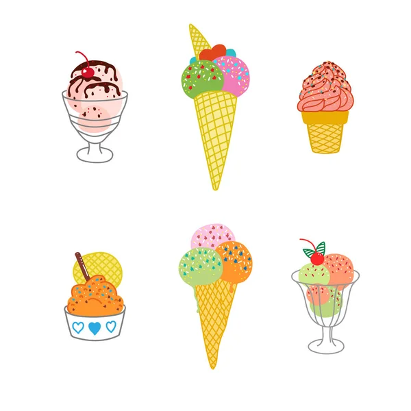 カラーアイスクリーム付きベクトルフラットイラスト 白い背景に手描きのアイスクリーム 色のトッピングとかわいいアイスクリームコーン プリント テキスタイル ポストカードの夏のデザイン — ストックベクタ