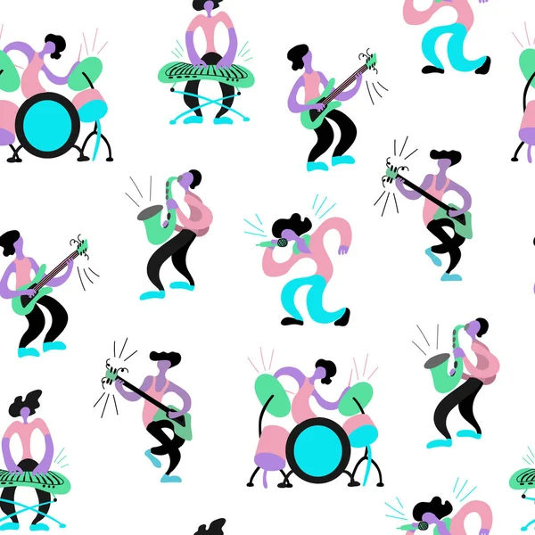 Doodle müzisyenler ile Vektör düz sorunsuz desen. Elle çizilmiş müzik grubu ile sonsuz baskı enstrümanlarını çalar. Baskı, tekstil, kartpostal, müzik festivalleri, müzik grupları için parlak renk trendy tasarım