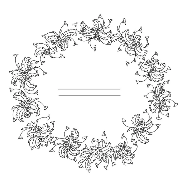 Vektorillustration Mit Kranz Von Linienblumen Schwarz Weiße Blüten Und Blätter — Stockvektor