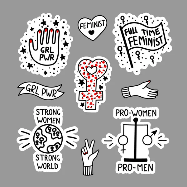 Vektör el feminist sloganı ile çıkartmalar seti çizilmiş. Feminizm el çizilmiş illüstrasyon. Logo, simge, baskı, slogan, çıkartmalar için tasarım