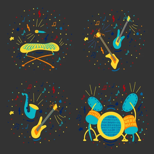 Векторная Плоская Иллюстрация Каракулями Музыкальных Инструментов Яркий Цветовой Модный Дизайн — стоковый вектор