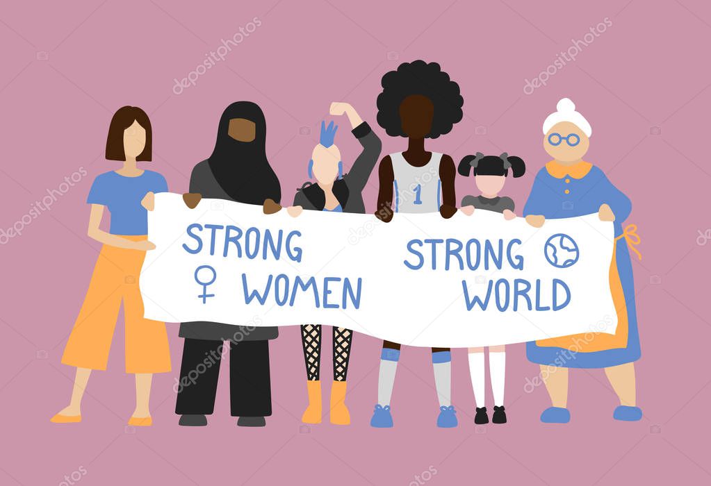 Vector hand drawn illustration feminists. Women protest and stand up for their rights. Feminism hand drawn illustration with quote. Strong women strong world