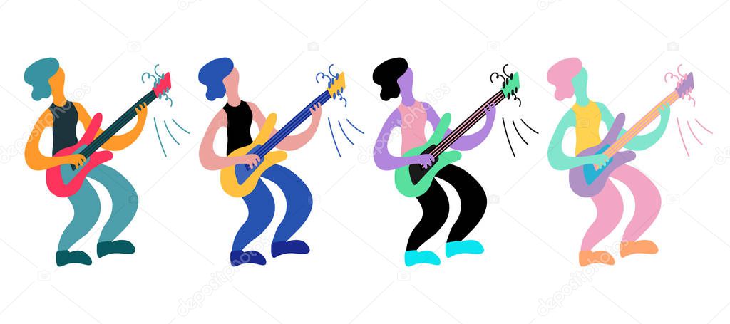 Vector flat illustration with doodle guitar player. Guitarist plays his instruments. Bright color trendy design for print, textile, postcard, advertising, music festivals, musical groups