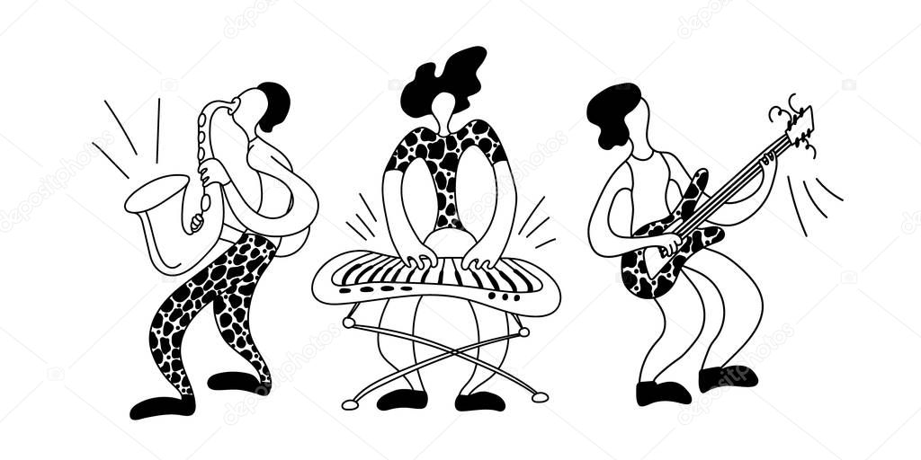 Vector flat illustration with doodle musicians. Music band plays their instruments. Fanny design for print, textile, postcard, advertising, music festivals, musical groups
