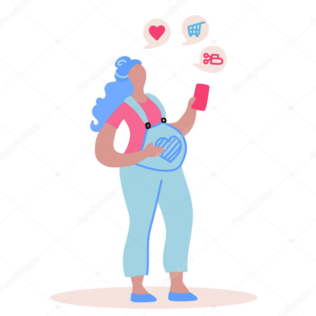 Vector flat illustration with doodle pegnant woman with a device. Woman makes online purchases on a smartphone for her baby . Design of a modern young woman with a mobile device