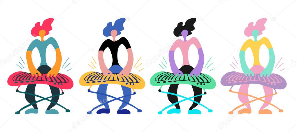 Vector flat illustration with doodle keyboard player. Keyboard player plays his instruments. Bright color trendy design for print, textile, postcard, advertising, music festivals, musical groups