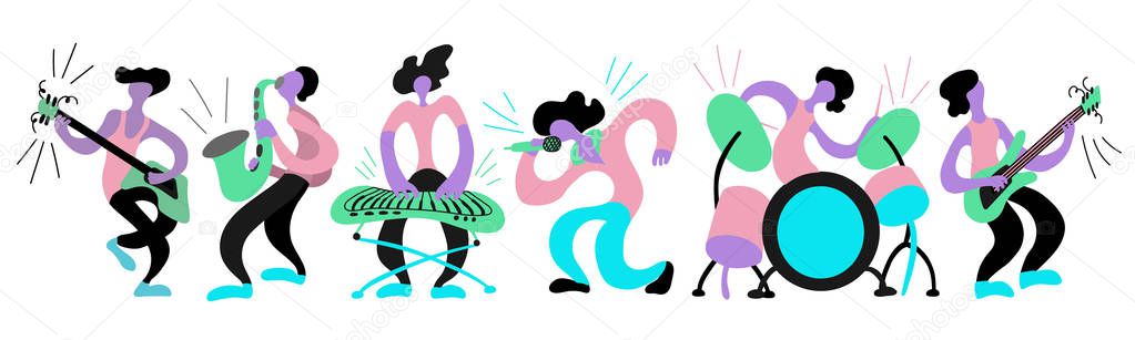 Vector flat illustration with doodle musicians. Music band plays their instruments. Bright color trendy design for print, textile, postcard, advertising, music festivals, musical groups