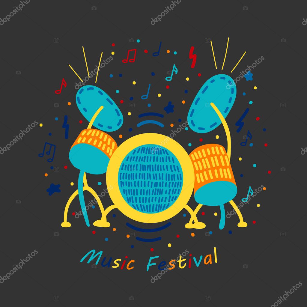 Vector flat illustration with doodle drums. Bright color trendy design for print; textile; postcard; advertising; music festivals; musical groups