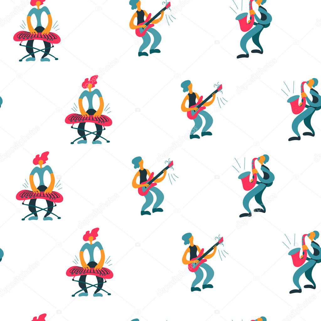 Vector flat seamless pattern with doodle musicians. Endless print with hand drawn  music band plays their instruments. Bright color trendy design for print, textile, postcard, music festivals, musical groups