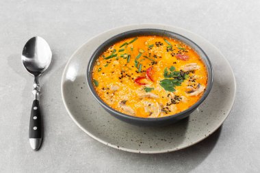 Tom Yam kung baharatlı Tayland çorbası, karides, deniz ürünü, hindistan cevizi sütü ve biberli kase. Gri taş arka planda. Yatay fotoğraf.