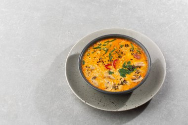 Tom Yam kung baharatlı Tayland çorbası, karides, deniz ürünü, hindistan cevizi sütü ve biberli kase. Gri taş arka planda. Yatay fotoğraf.