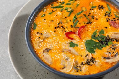 Tom Yam kung baharatlı Tayland çorbası, karides, deniz ürünü, hindistan cevizi sütü ve biberli kase. Gri taş arka planda. Yatay fotoğraf.