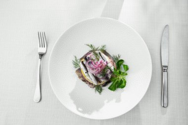 Aperatif yemek, tuzlanmış ringa balığı, tereyağı ve beyaz tabakta kırmızı soğan. Seçici odaklanma. Yukarıdan yatay görüş, üst çekim. Beyaz arkaplan.