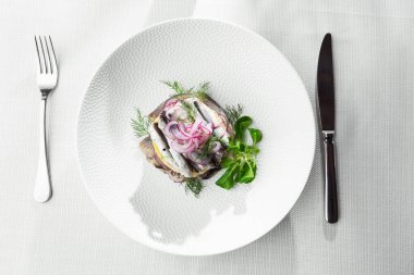 Aperatif yemek, tuzlanmış ringa balığı, tereyağı ve beyaz tabakta kırmızı soğan. Seçici odaklanma. Yukarıdan yatay görüş, üst çekim. Beyaz arkaplan.