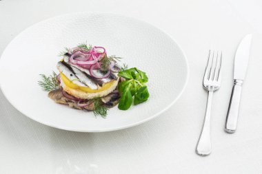 Aperatif yemek, tuzlanmış ringa balığı, tereyağı ve beyaz tabakta kırmızı soğan. Seçici odaklanma. Yukarıdan yatay görüş, üst çekim. Beyaz arkaplan.