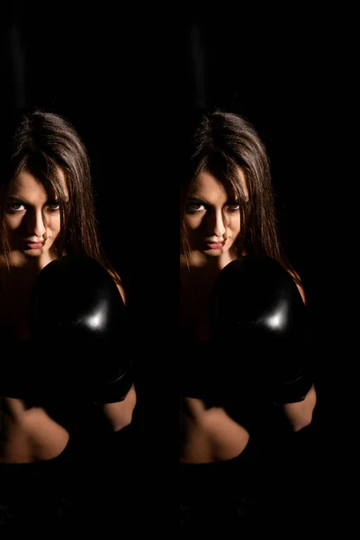 Femeie Boxer Formare Inelul Întunecat Mişcare Lentă Silueta Conceptul Box — Fotografie, imagine de stoc