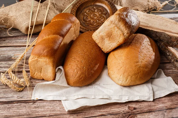 Différents Types Pain Frais Comme Fond Vue Dessus Boulangerie Miches — Photo