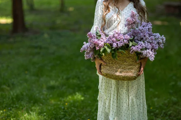Dziewczyna Białej Sukience Trzyma Rękach Wiklinowy Kosz Kwiatami Kosz Liliami — Zdjęcie stockowe