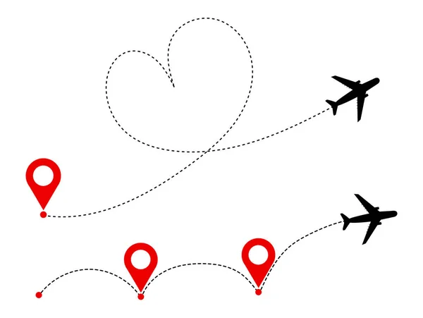 Flugzeug Mit Zielpunkten Und Bindestrich Route Flugzeugreisekonzept Vektor Silhouette Illustration — Stockvektor