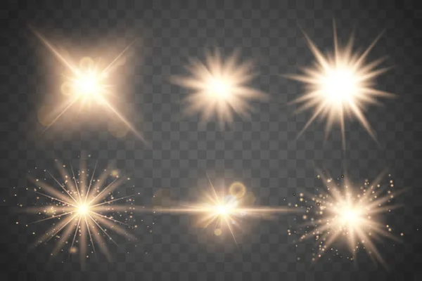 Ensemble Étoiles Lumineuses Avec Scintillements Effet Lumière Dorée Illustration Vectorielle — Image vectorielle