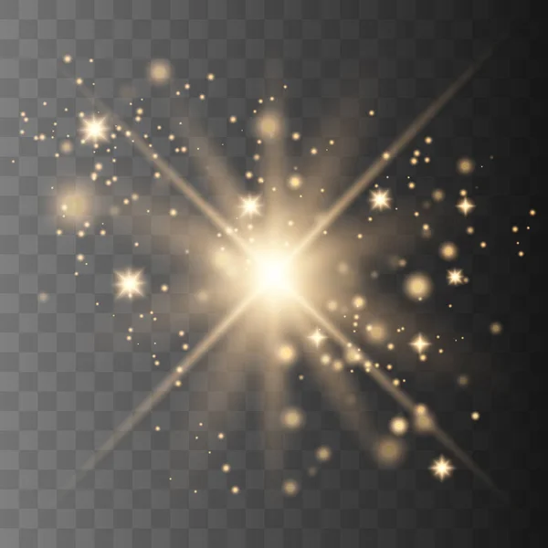 Светящиеся светящиеся звезды с блестками. Эффект Золотого света . — стоковый вектор
