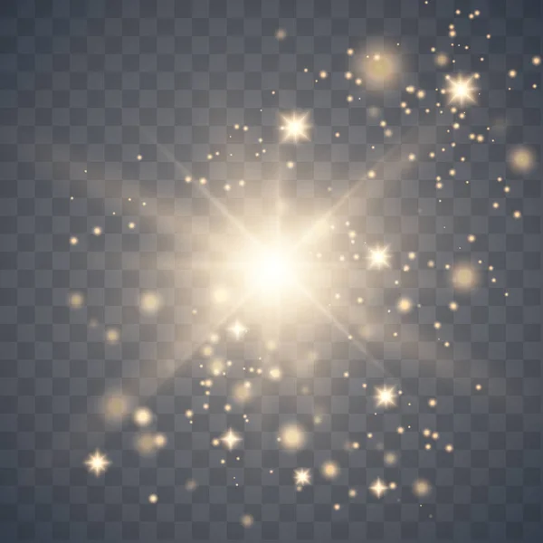 Светящиеся светящиеся звезды с блестками. Эффект Золотого света . — стоковый вектор