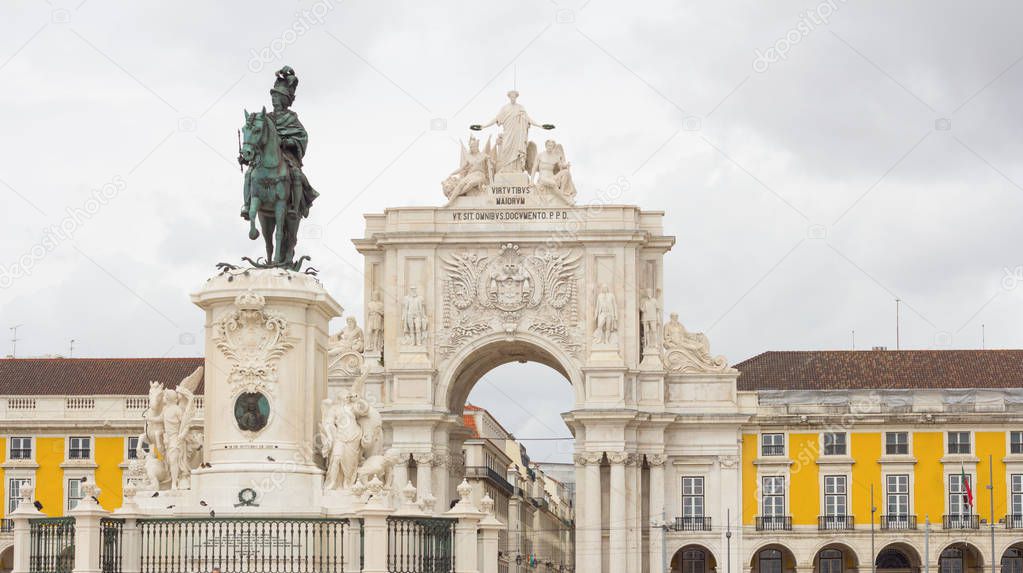 statue of King Joseph I and the triumphal arch in commerce square in Lisbon