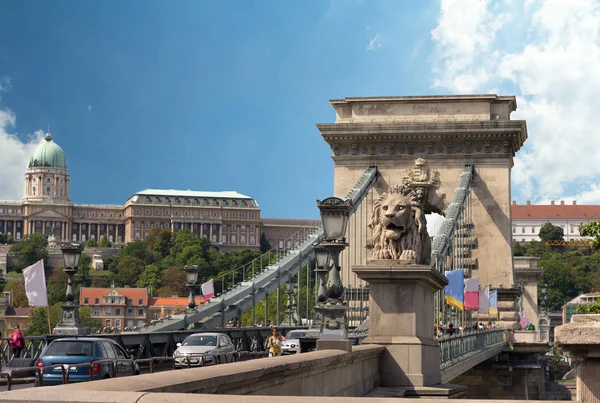 Budapešť, socha lva zdobí Řetězový most — Stock fotografie