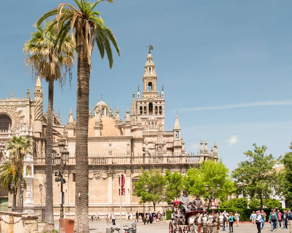 SEVILLA, ESPAÑA - 20 DE ABRIL DE 2015: Carruaje típico de caballos frente a la catedral de Sevilla, España el 20 de abril de 2015 . — Foto de Stock